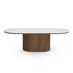 Bobby - Oval sofabord med lys beige stenbordplade og fod i røget eg 120x55x45 cm