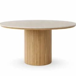Enzo rundt spisebord med bordplade i beige sten og lamelfod i egetræ Ø120 cm
