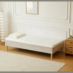 Premium boxmadras seng i beige med 90x200 cm med 7 cm topmadras i memoryskum ekskl. ben