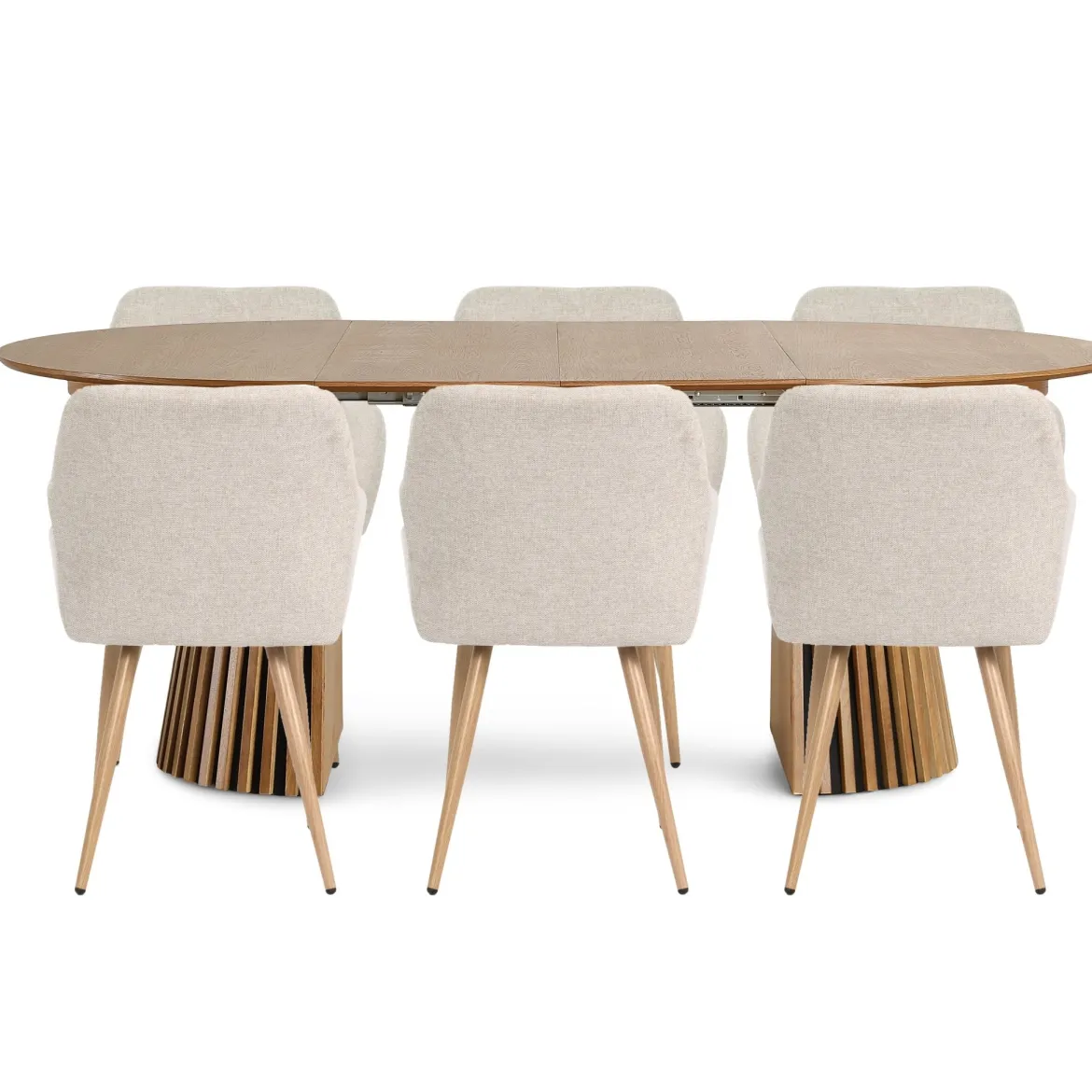 Spisebordssæt - Lewis lamel spisebord Ø120 cm med udtræk i egefiner + 6 x Jenna spisebordsstole i beige